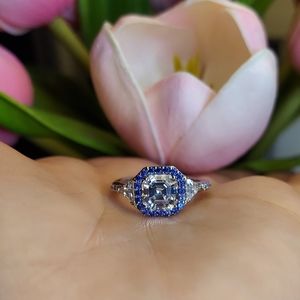 Diamonique Ascher Cut Ring with Light Blue Halo